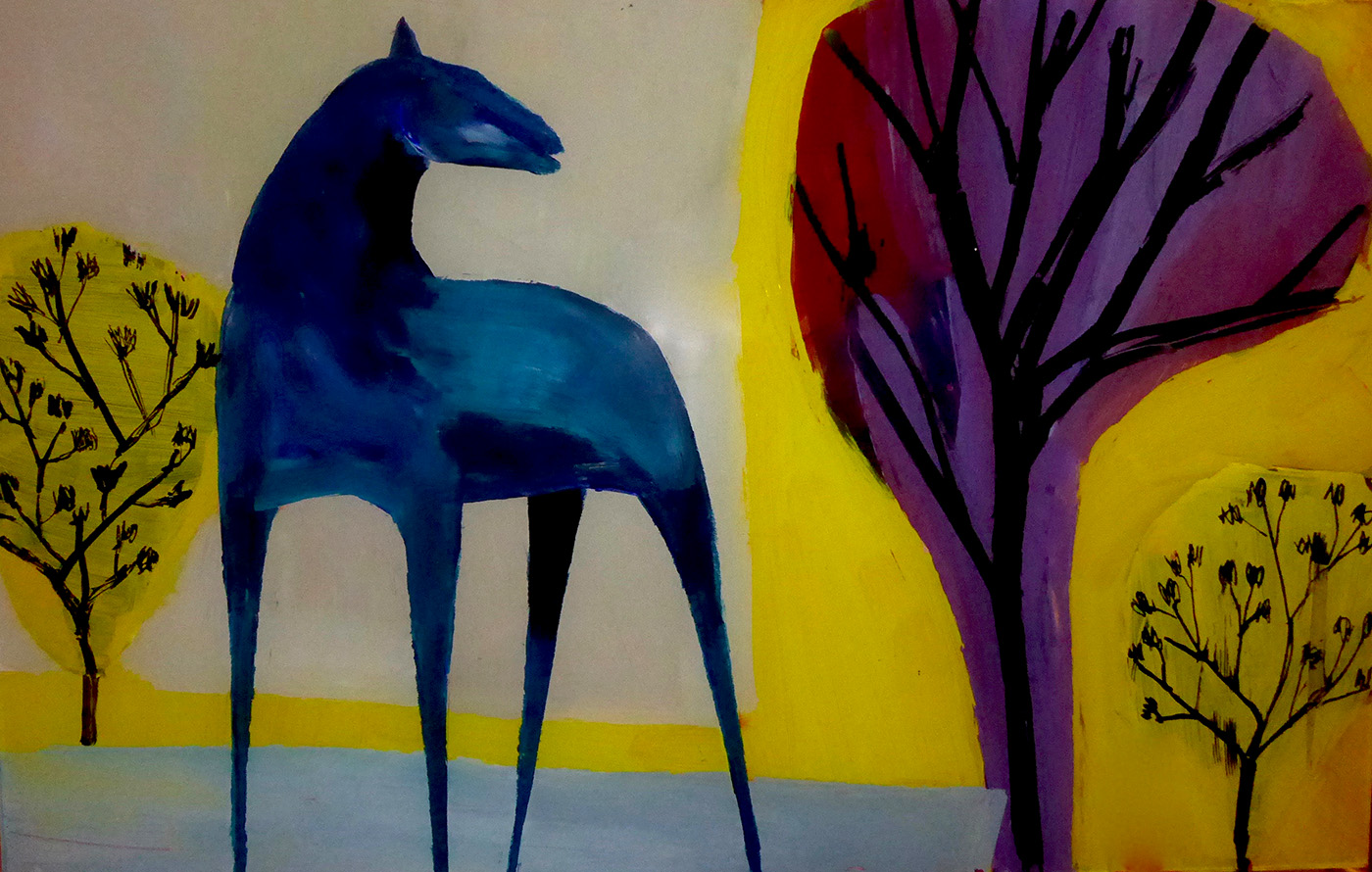 blue horse yellow trees.